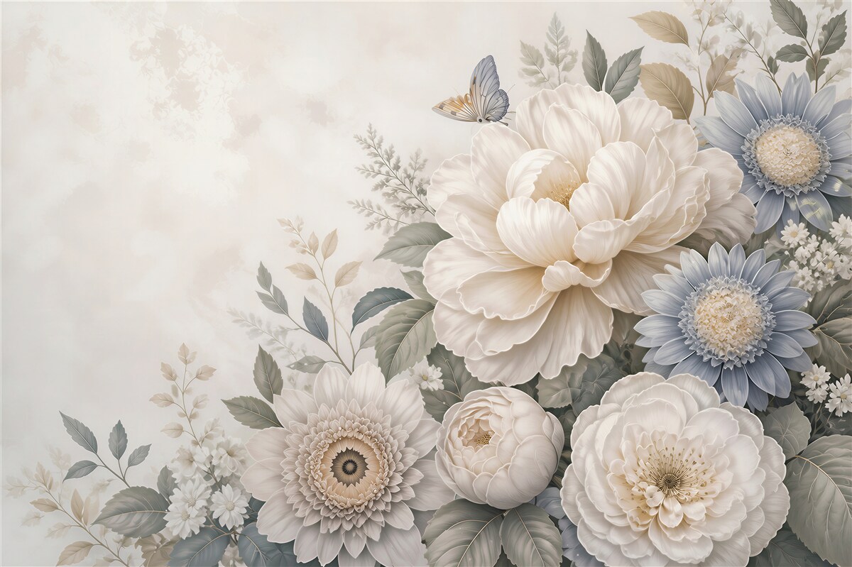Fototapeta duże kwiaty beżowo niebieskie romantyczna kompozycja floral