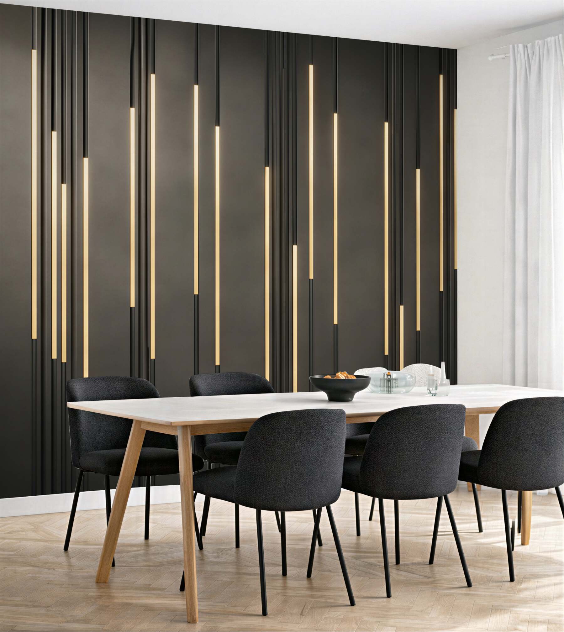 Fototapeta pionowe świetlne linie czarne nowoczesne 3D do salonu