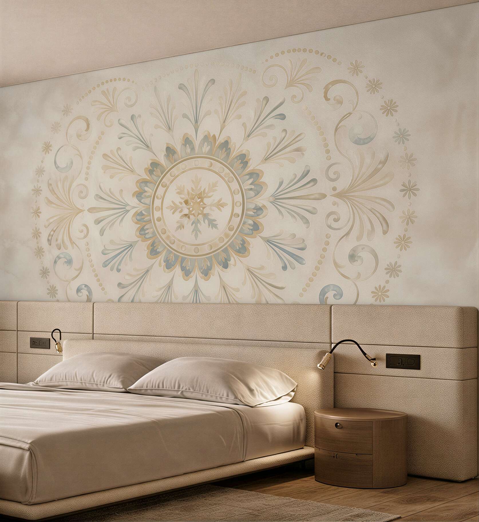 Fototapeta ornament mandala beżowo błękitna subtelna elegancja