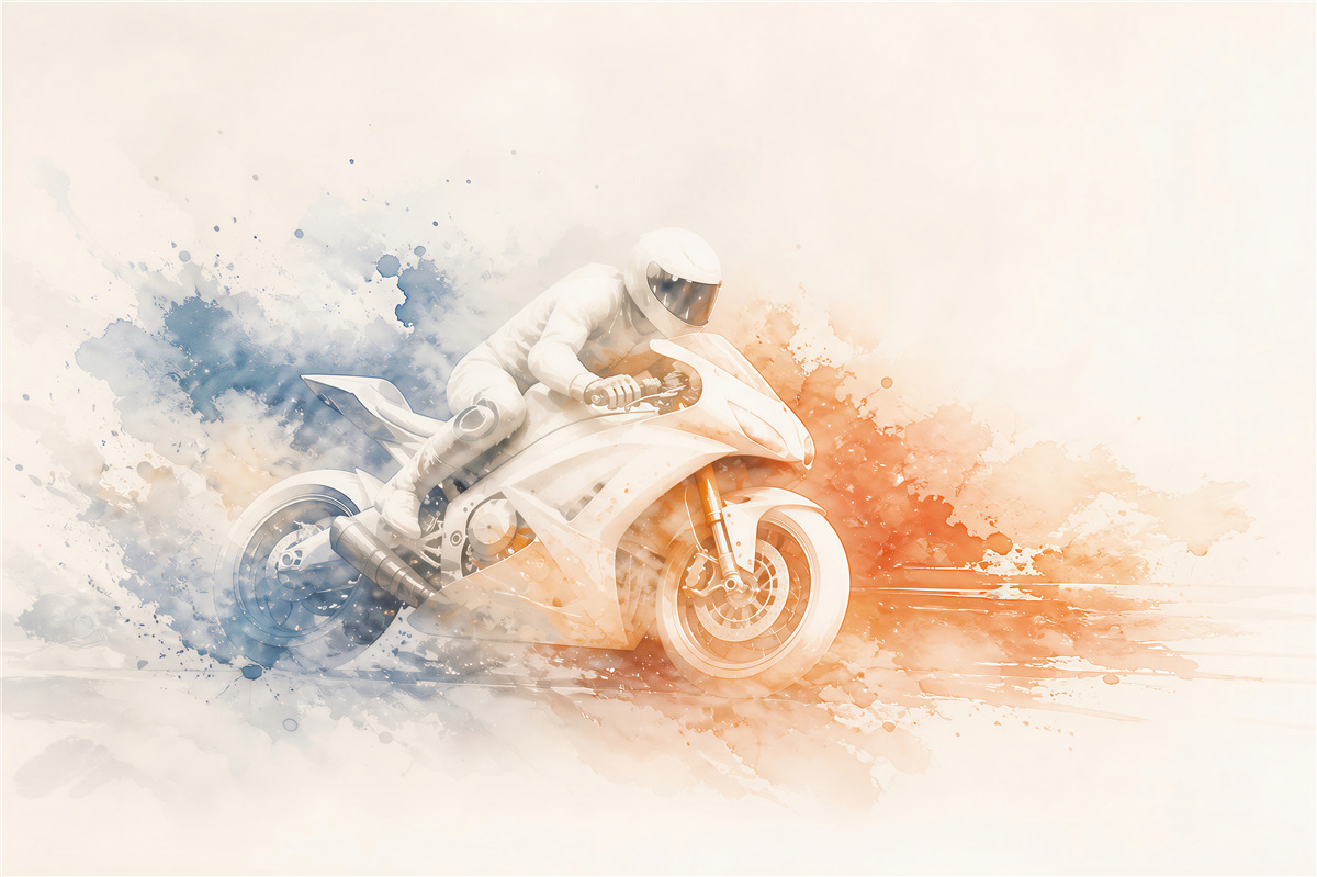 Fototapeta motocykl sportowy akwarela niebiesko pomarańczowa dynamiczna