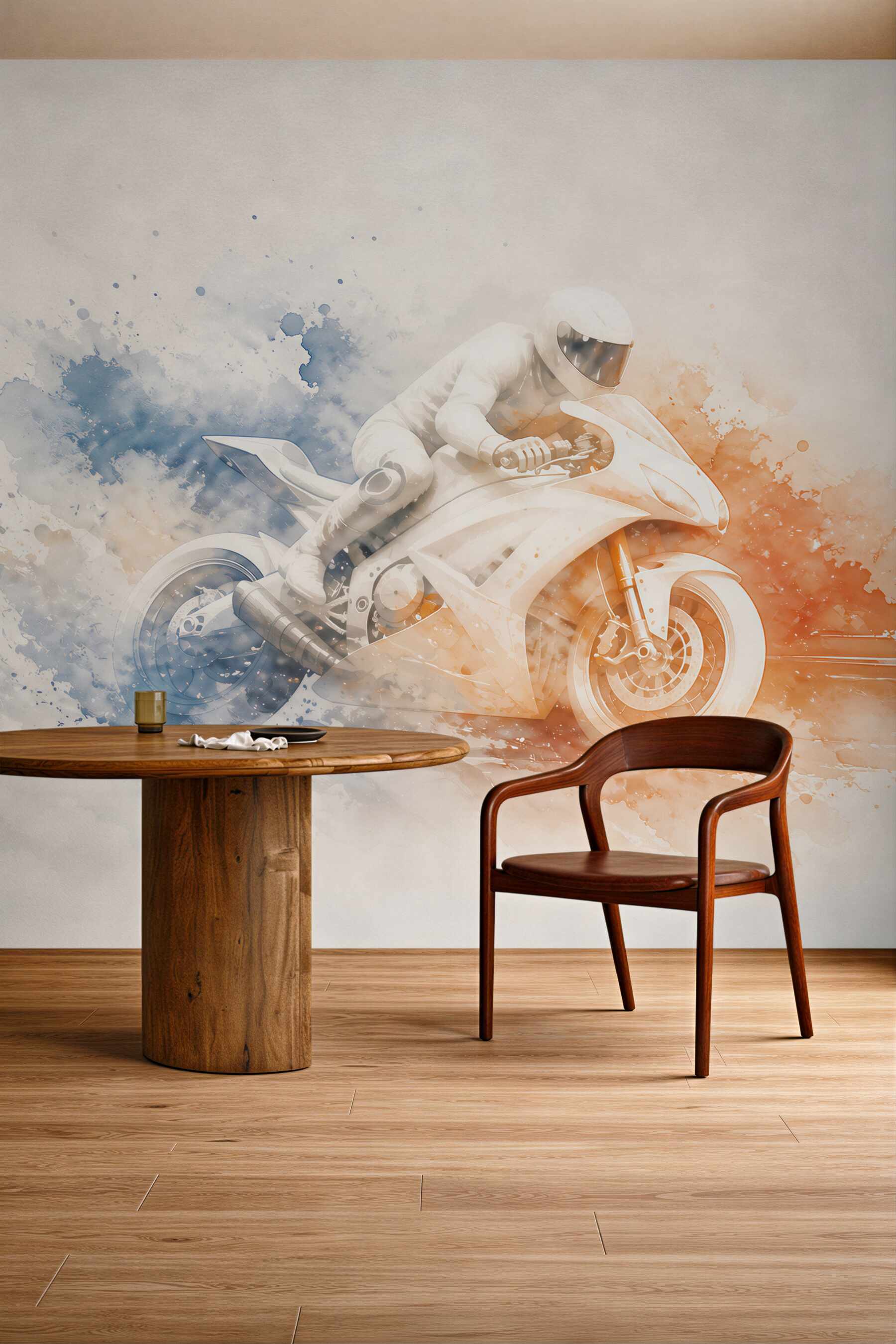 Fototapeta motocykl sportowy akwarela niebiesko pomarańczowa dynamiczna