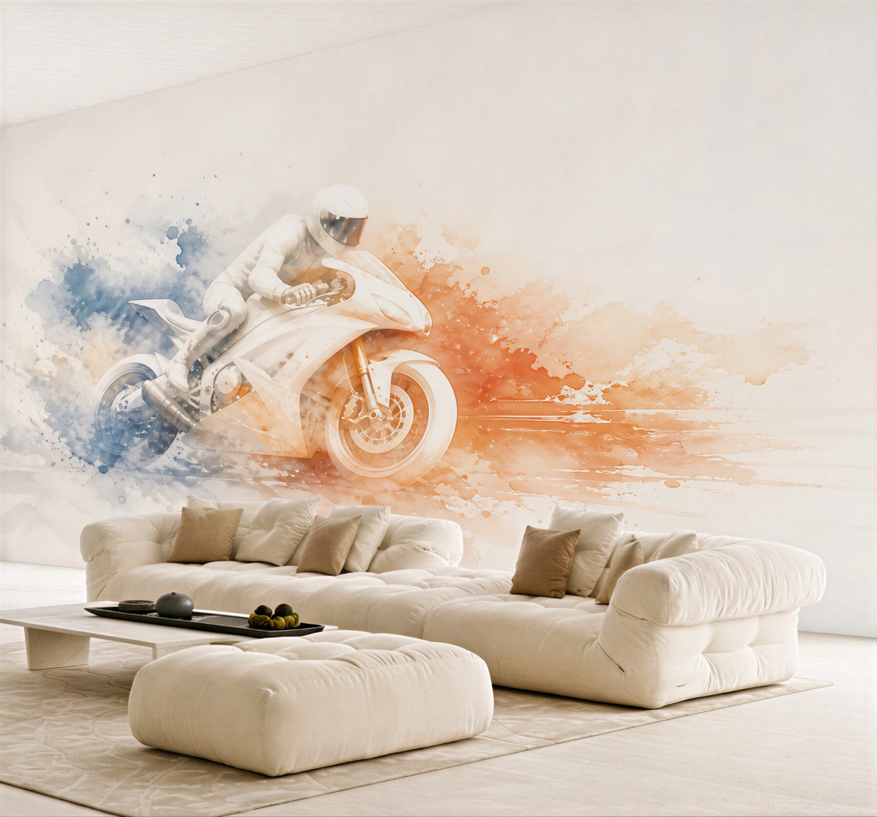Fototapeta motocykl sportowy akwarela niebiesko pomarańczowa dynamiczna