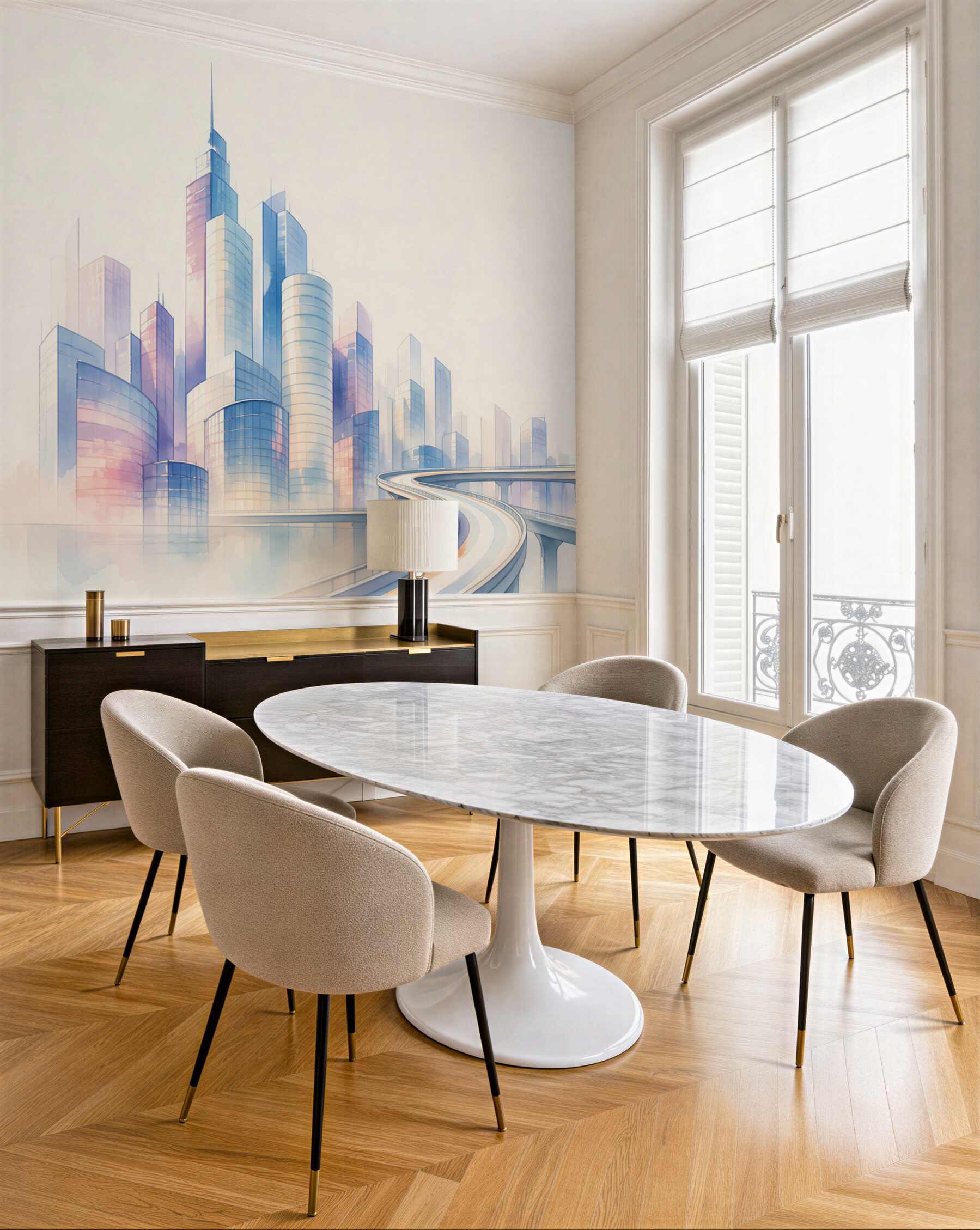 Fototapeta futurystyczne miasto z estakadą pastelowa panorama nowoczesna