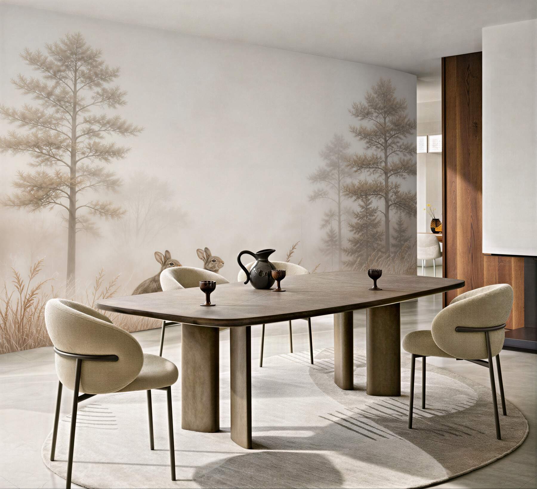 Fototapeta zajączki w leśnej mgle beżowa delikatna do pokoju dziecka