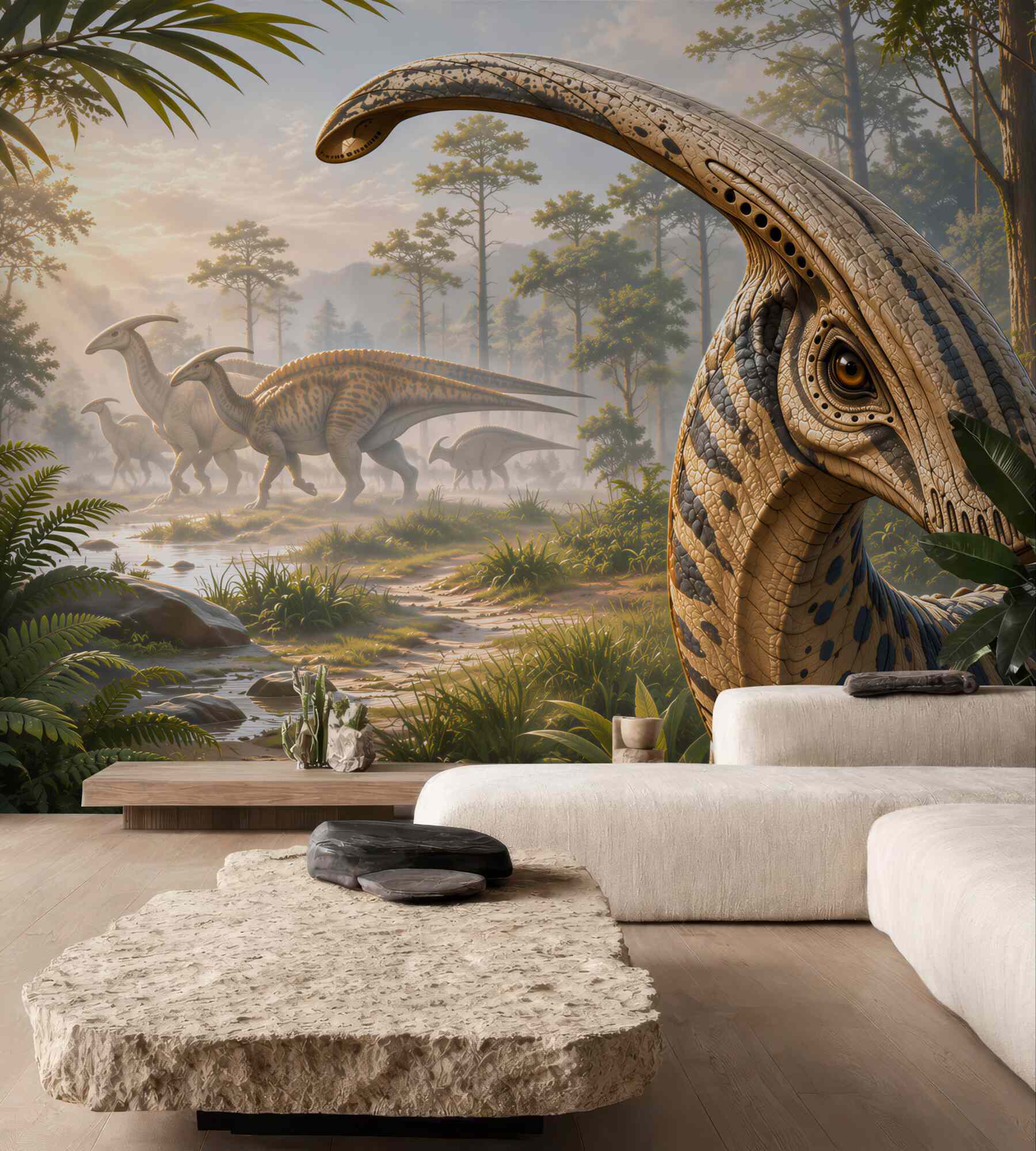 Fototapeta dinozaury w prehistorycznym lesie realistyczna do pokoju dziecka