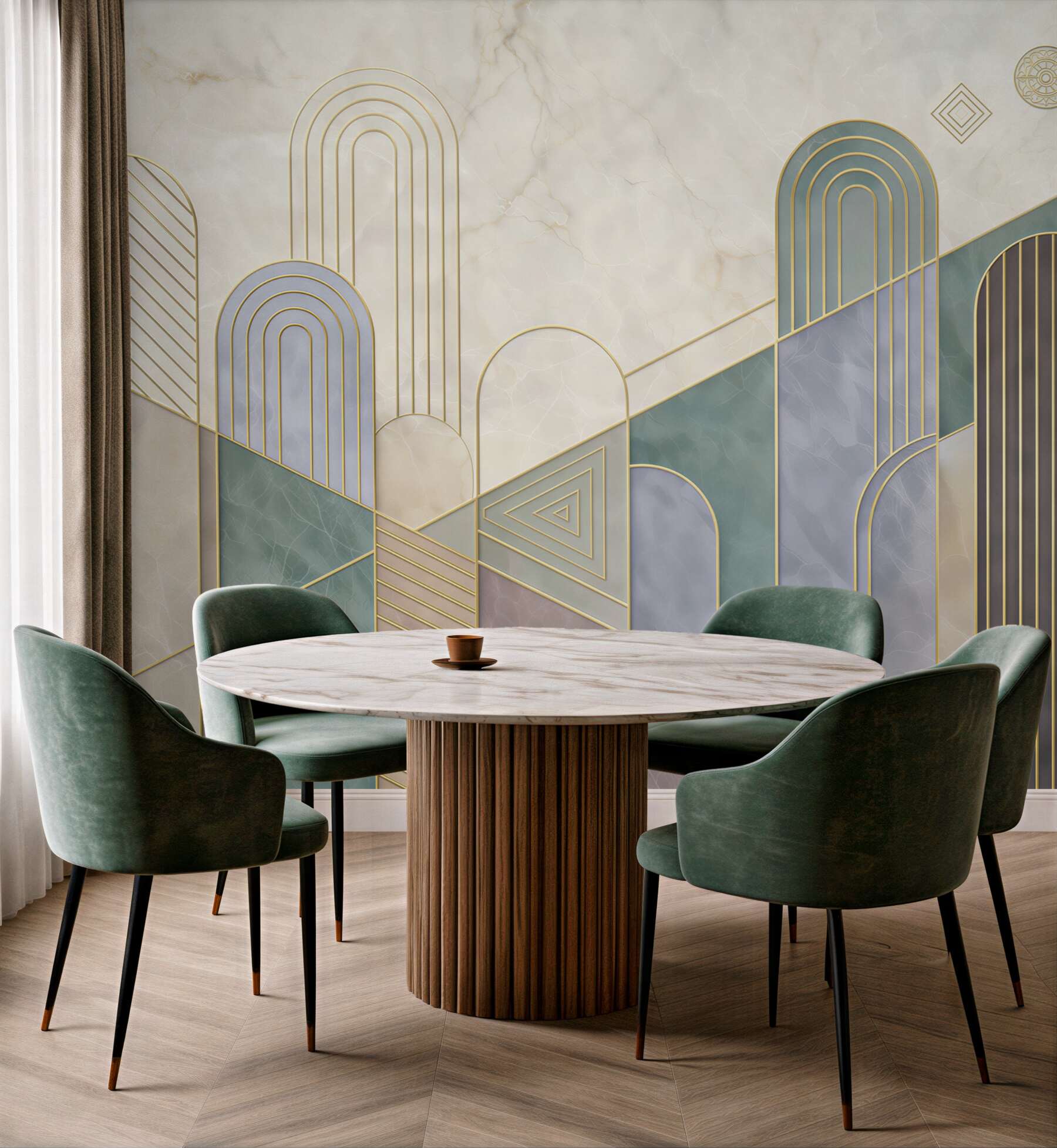 Fototapeta geometryczne łuki pastelowe ze złotymi liniami art deco