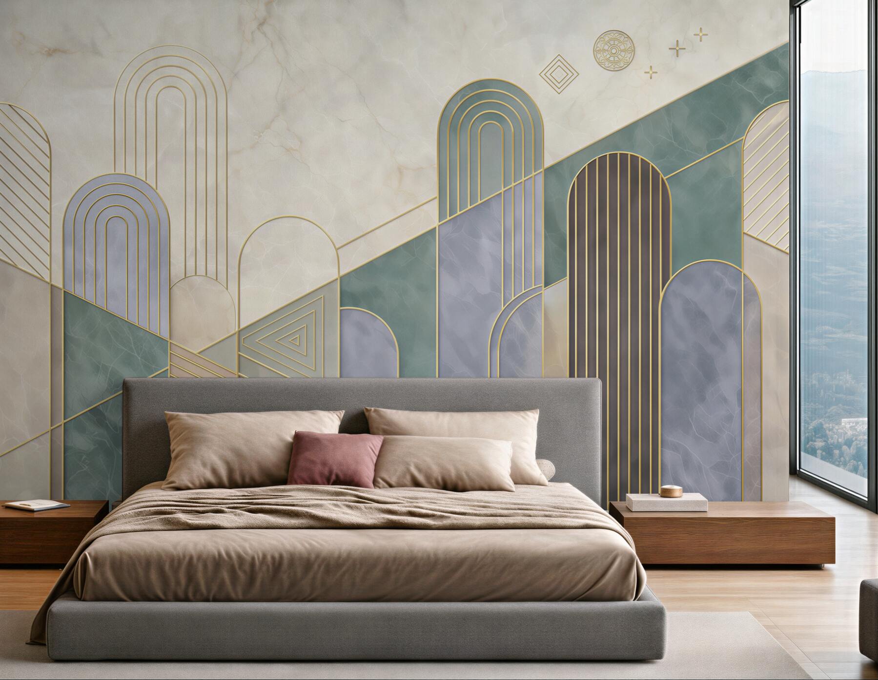 Fototapeta geometryczne łuki pastelowe ze złotymi liniami art deco