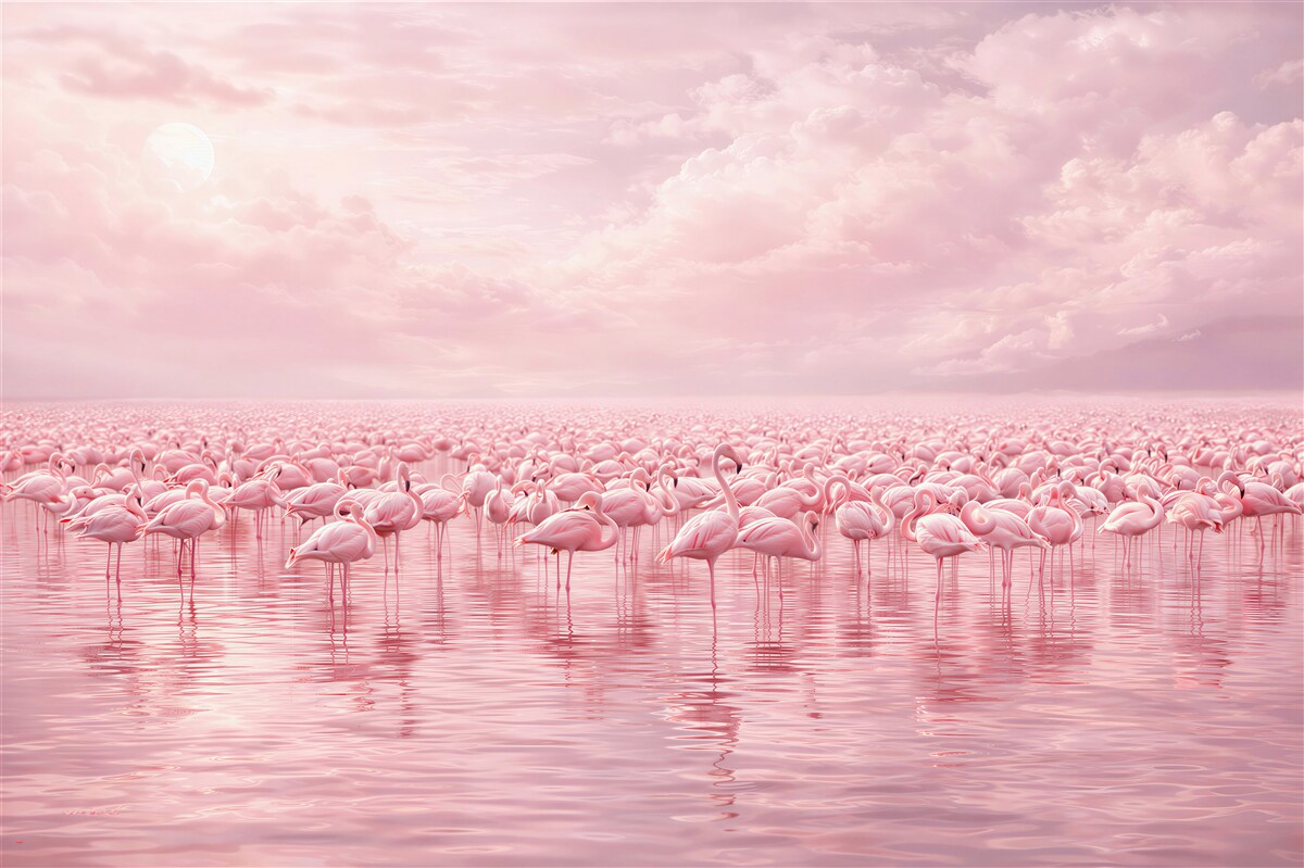 Fototapeta różowe flamingi na wodzie w pastelowym niebie