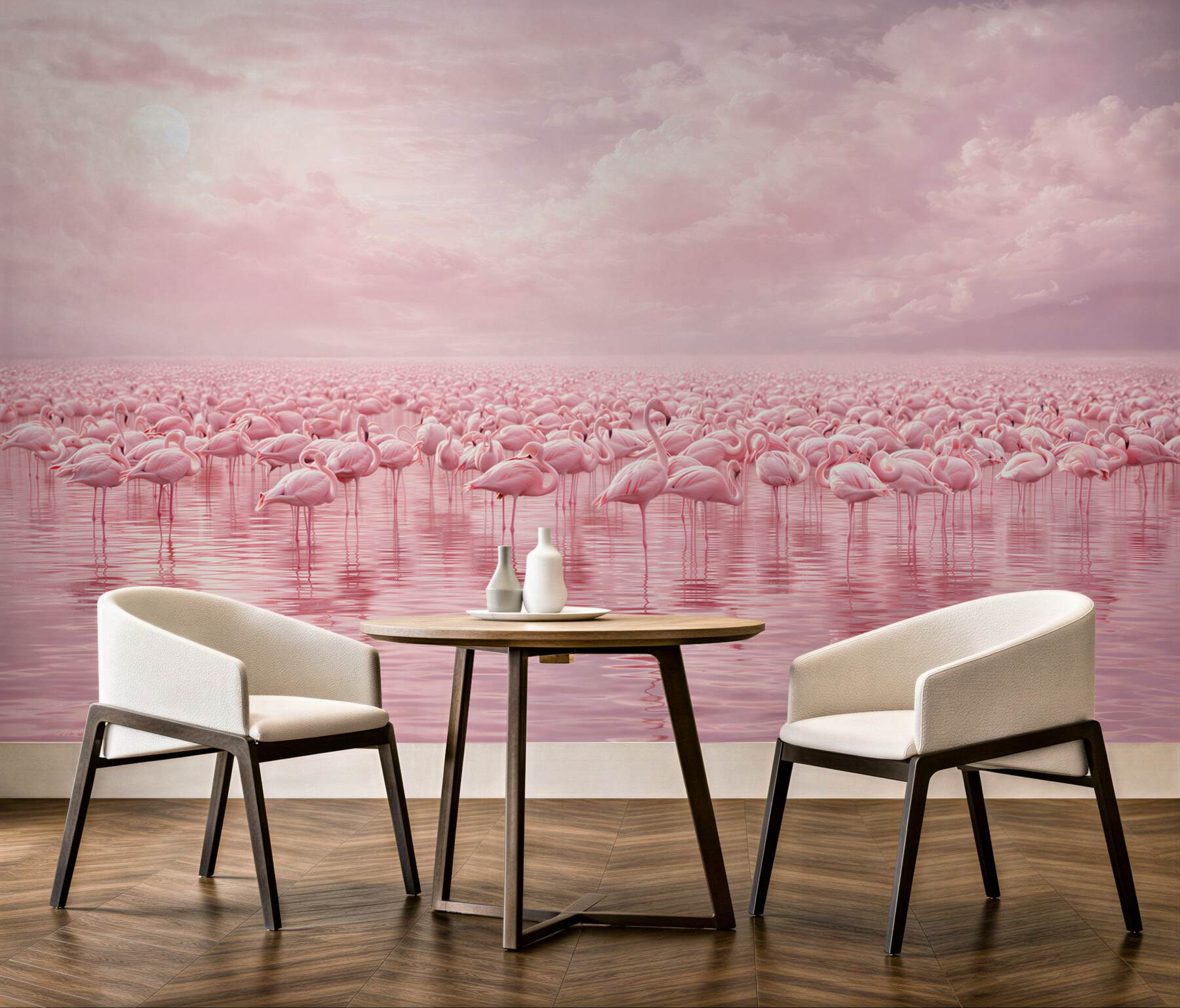 Fototapeta różowe flamingi na wodzie w pastelowym niebie