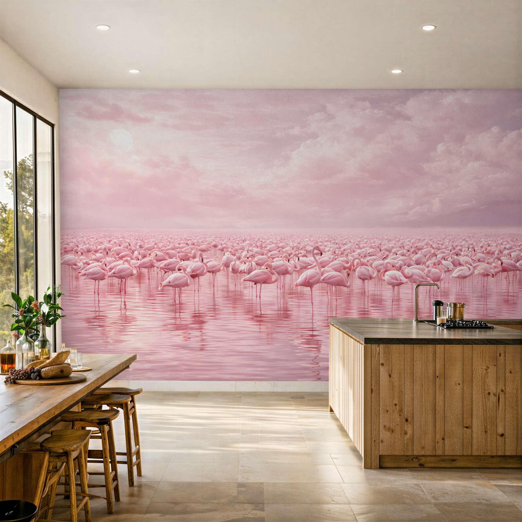 Fototapeta różowe flamingi na wodzie w pastelowym niebie