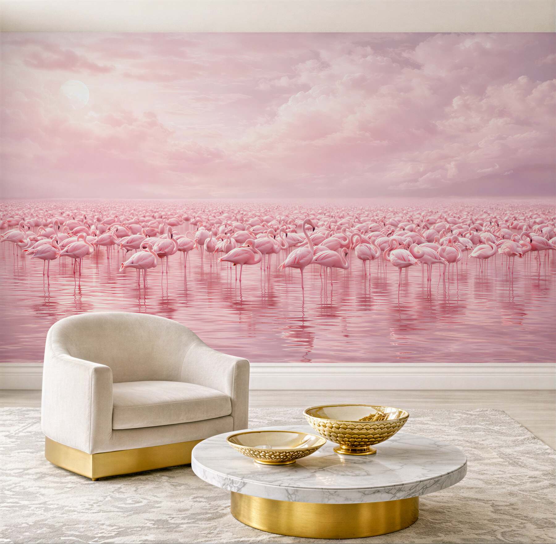 Fototapeta różowe flamingi na wodzie w pastelowym niebie
