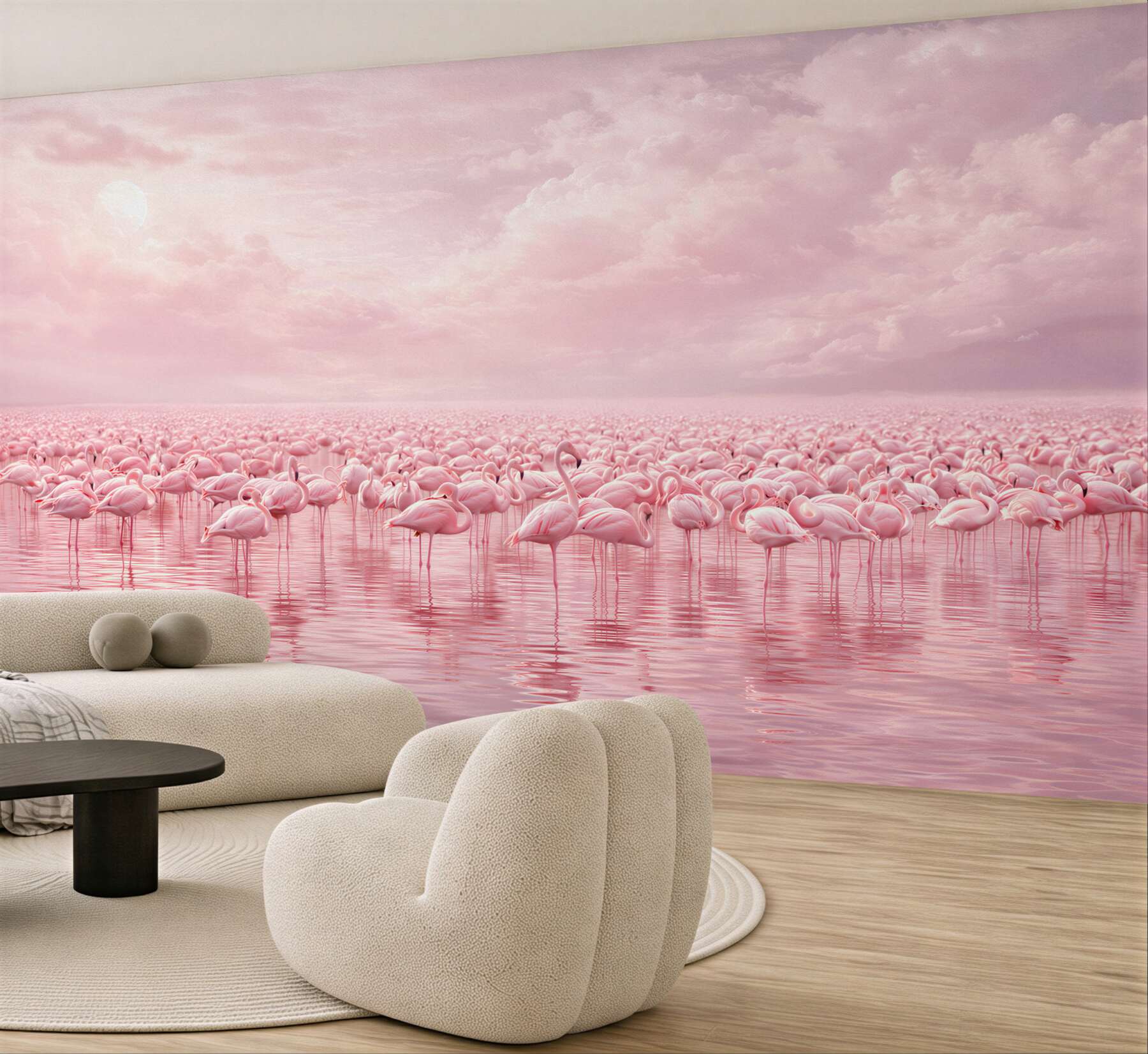 Fototapeta różowe flamingi na wodzie w pastelowym niebie