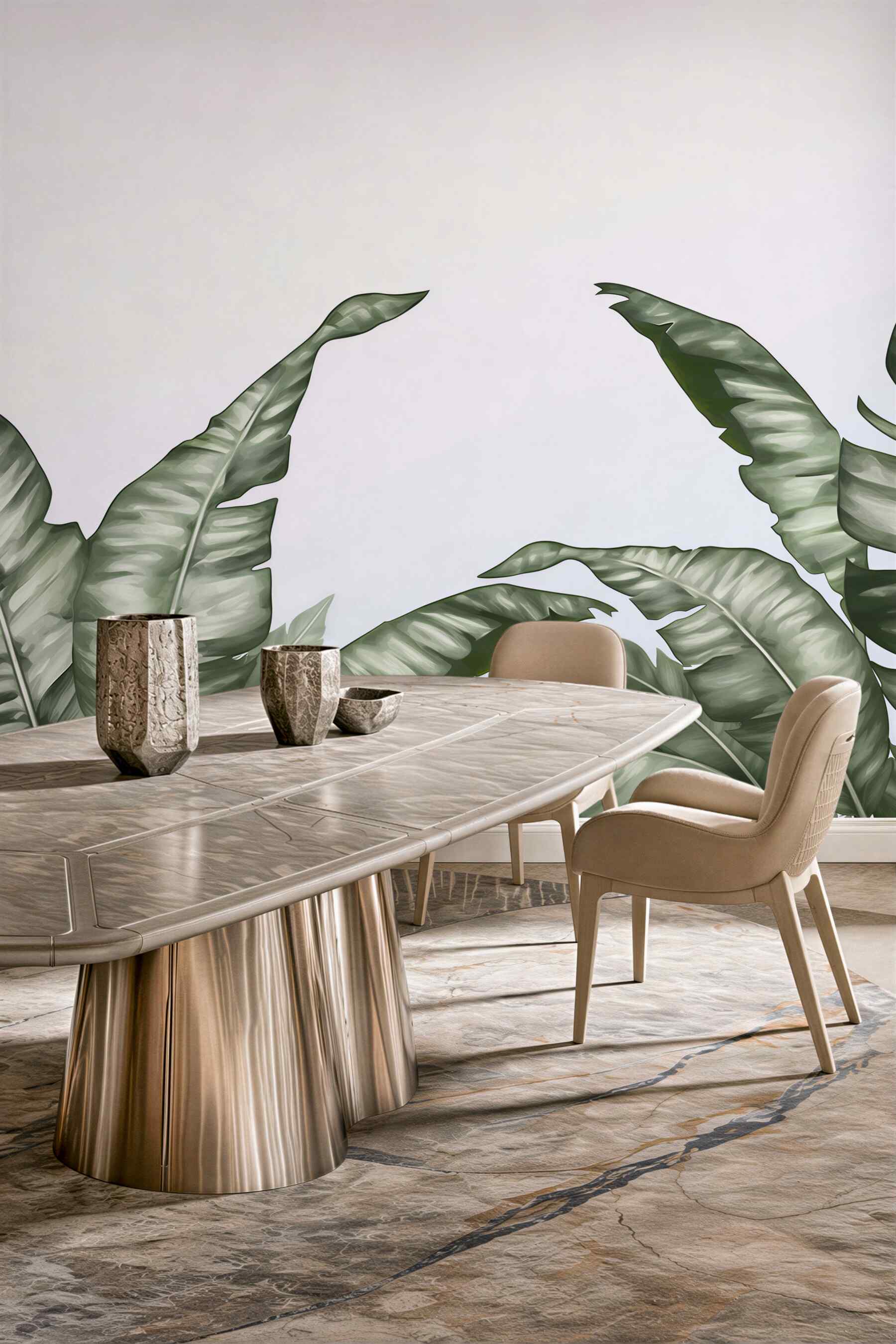 Fototapeta liście bananowca zielone minimalistyczne na jasnym tle