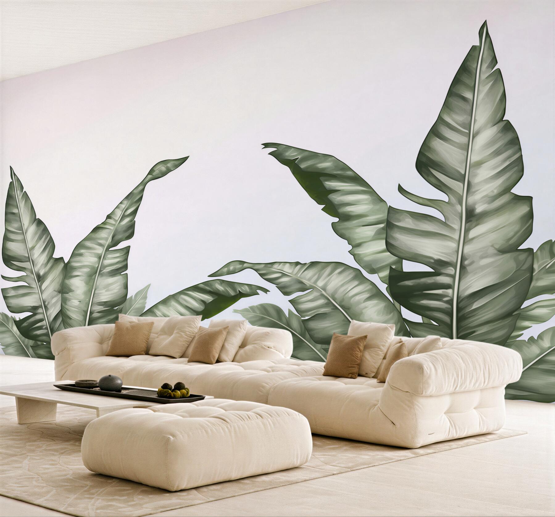 Fototapeta liście bananowca zielone minimalistyczne na jasnym tle