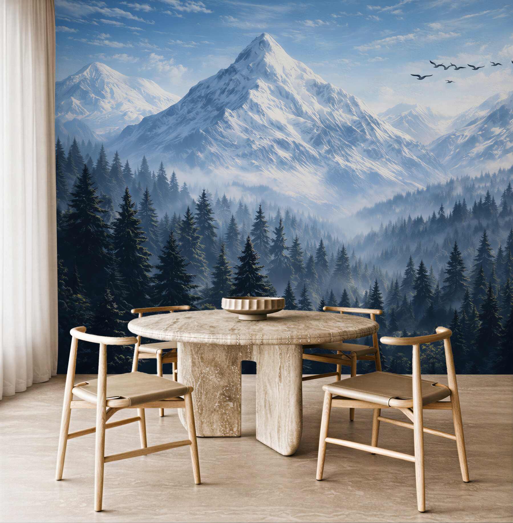 Fototapeta ośnieżone góry i las we mgle panoramiczny krajobraz