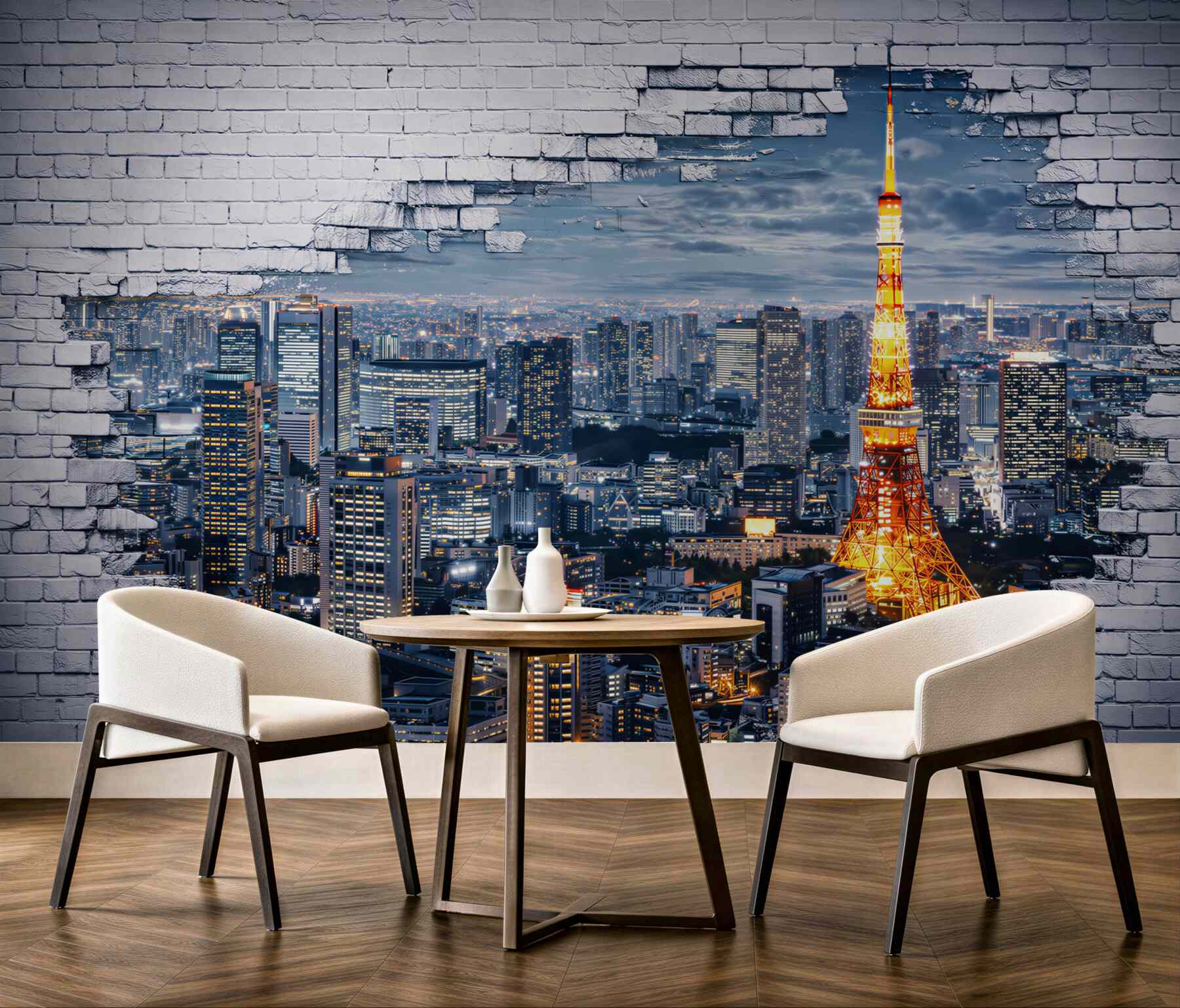Fototapeta panorama Tokio nocą z wieżą i efektem białej cegły
