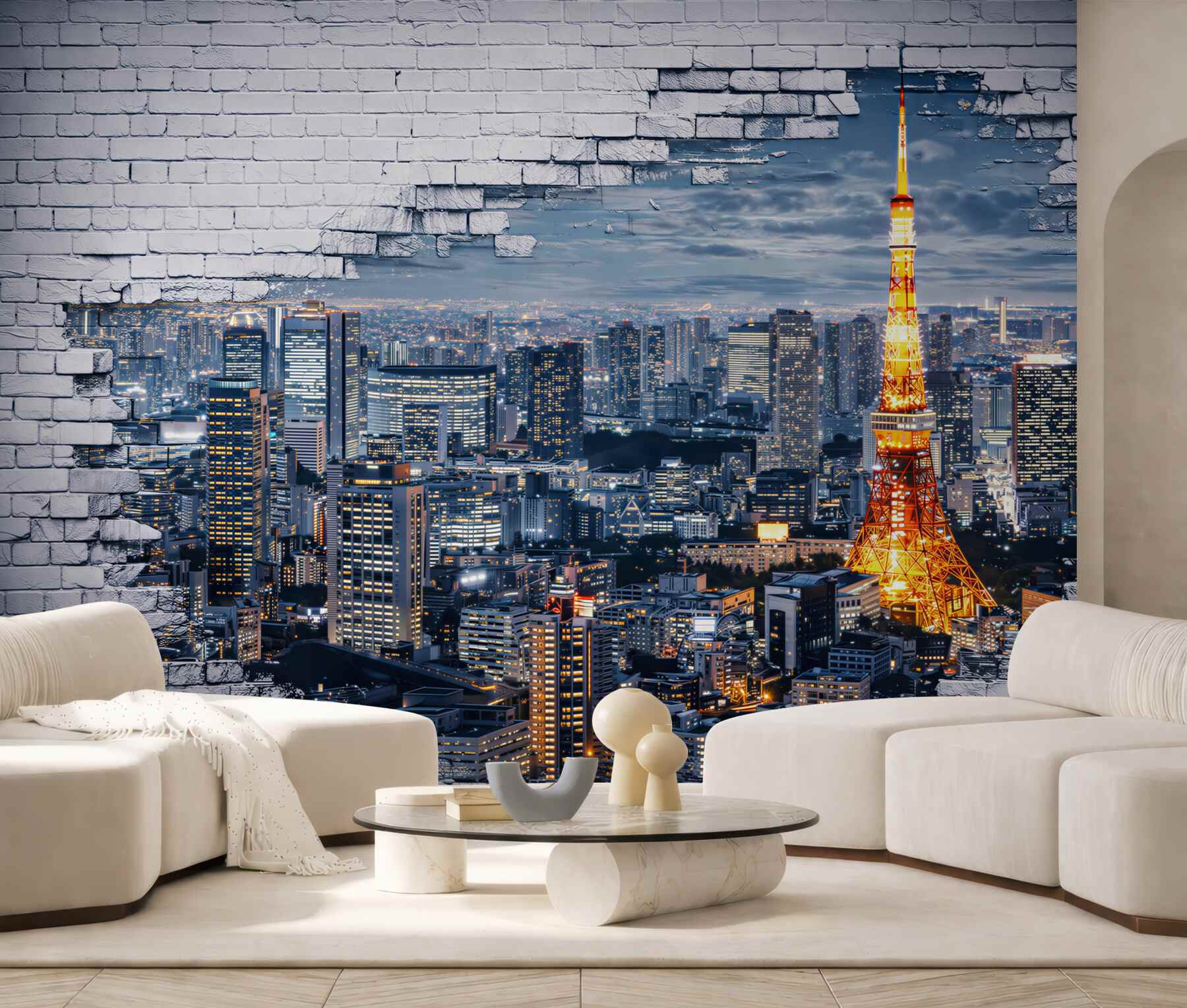 Fototapeta panorama Tokio nocą z wieżą i efektem białej cegły