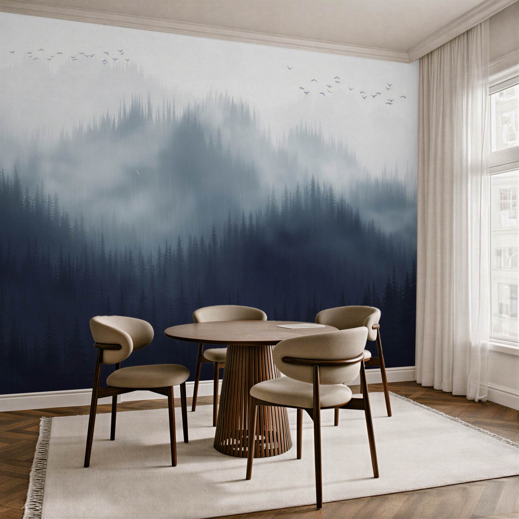Fototapeta mglisty las iglasty granatowy minimalistyczny krajobraz