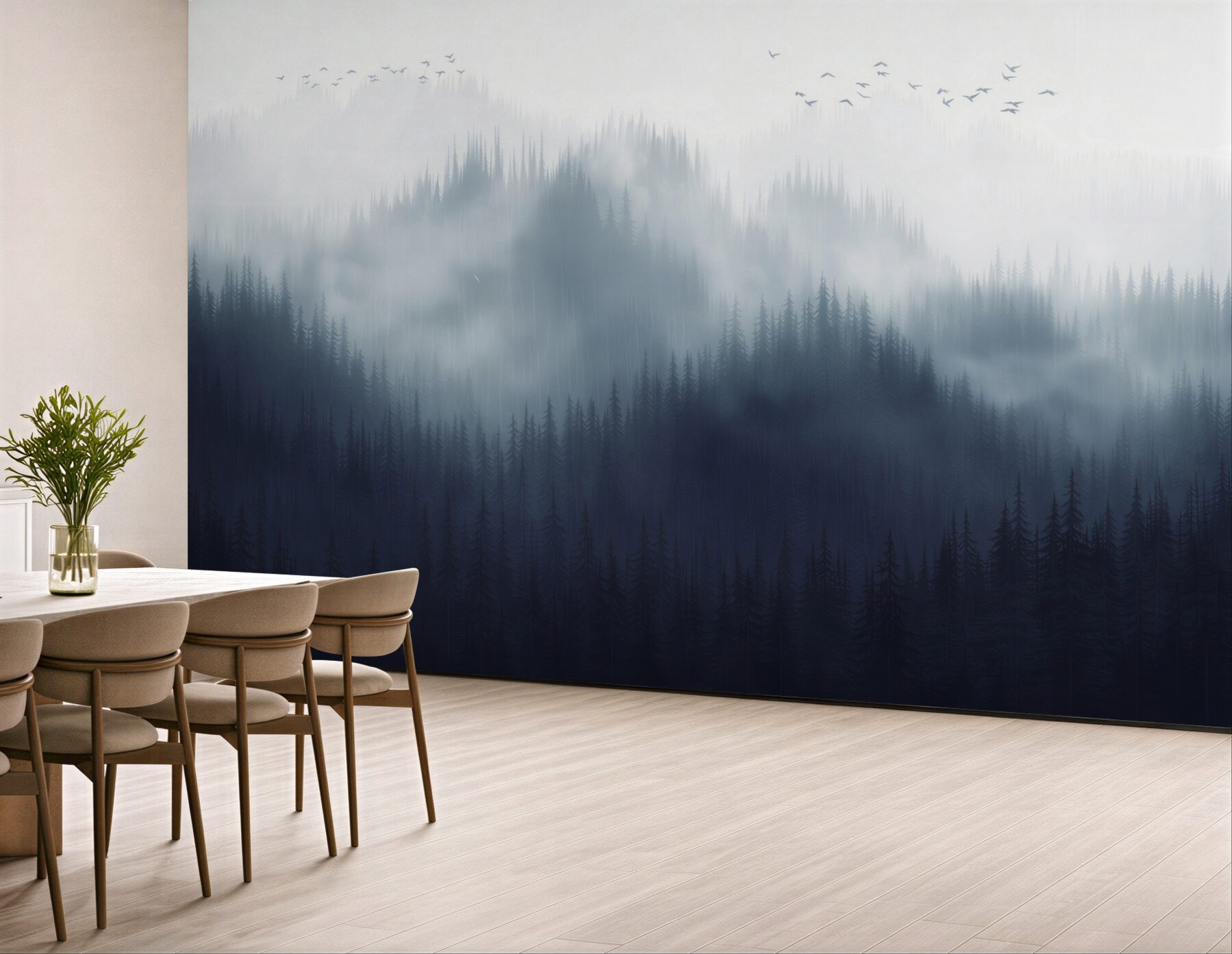 Fototapeta mglisty las iglasty granatowy minimalistyczny krajobraz