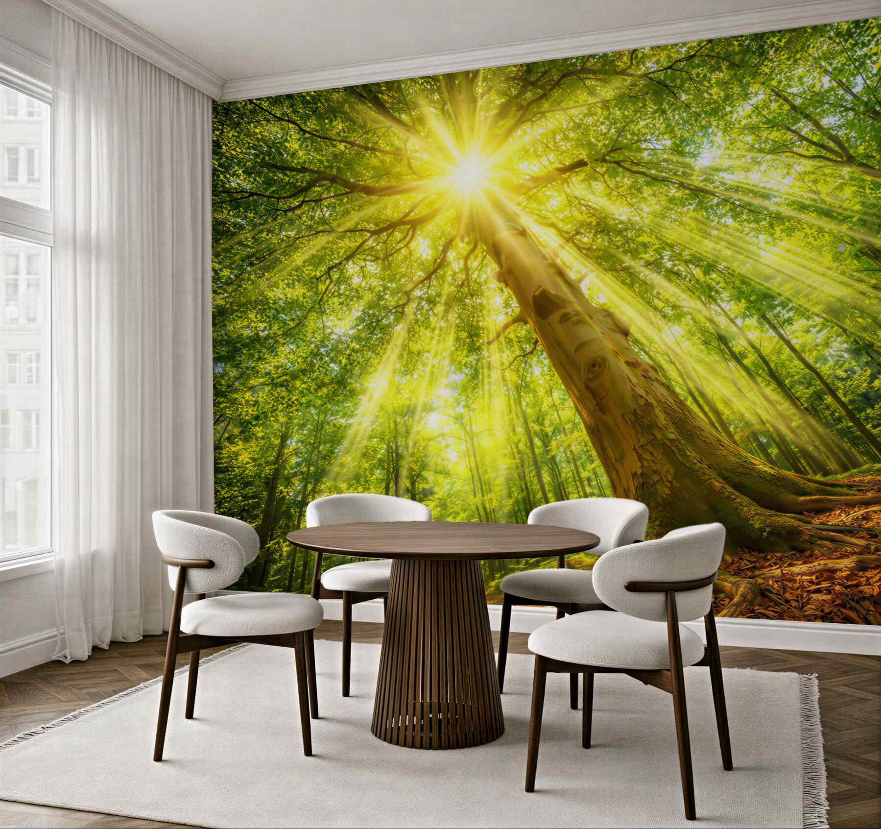 Fototapeta słoneczny las z promieniami słońca zielona natura