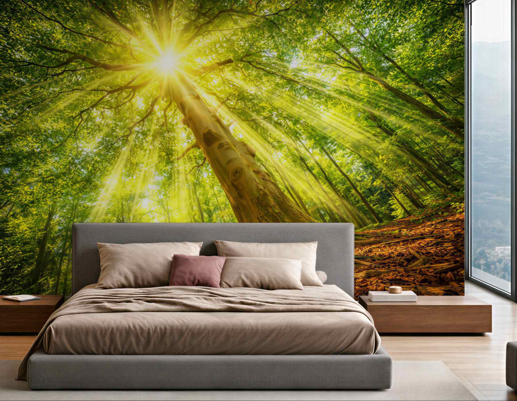 Fototapeta słoneczny las z promieniami słońca zielona natura