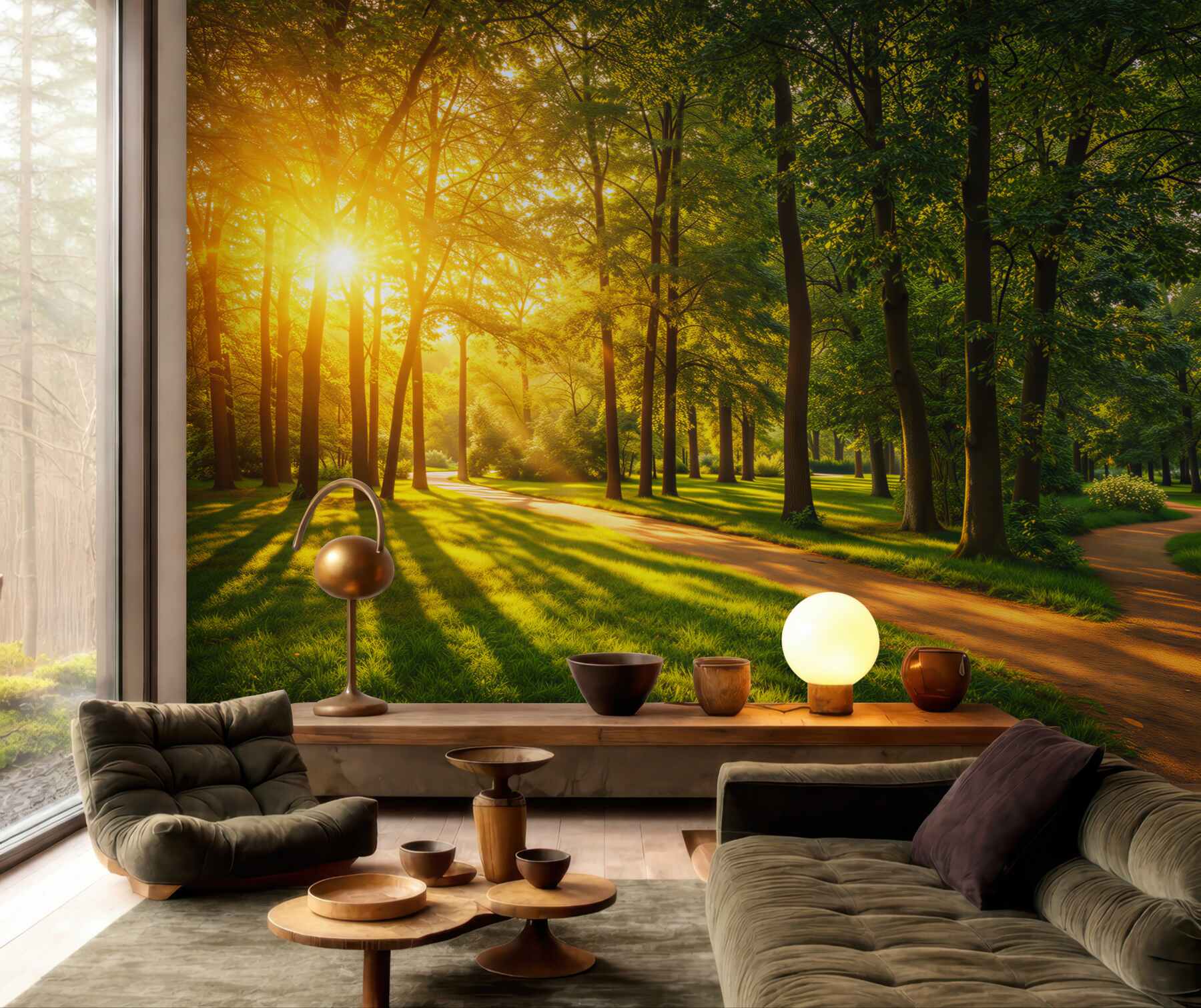 Fototapeta leśna ścieżka w promieniach słońca zielony park