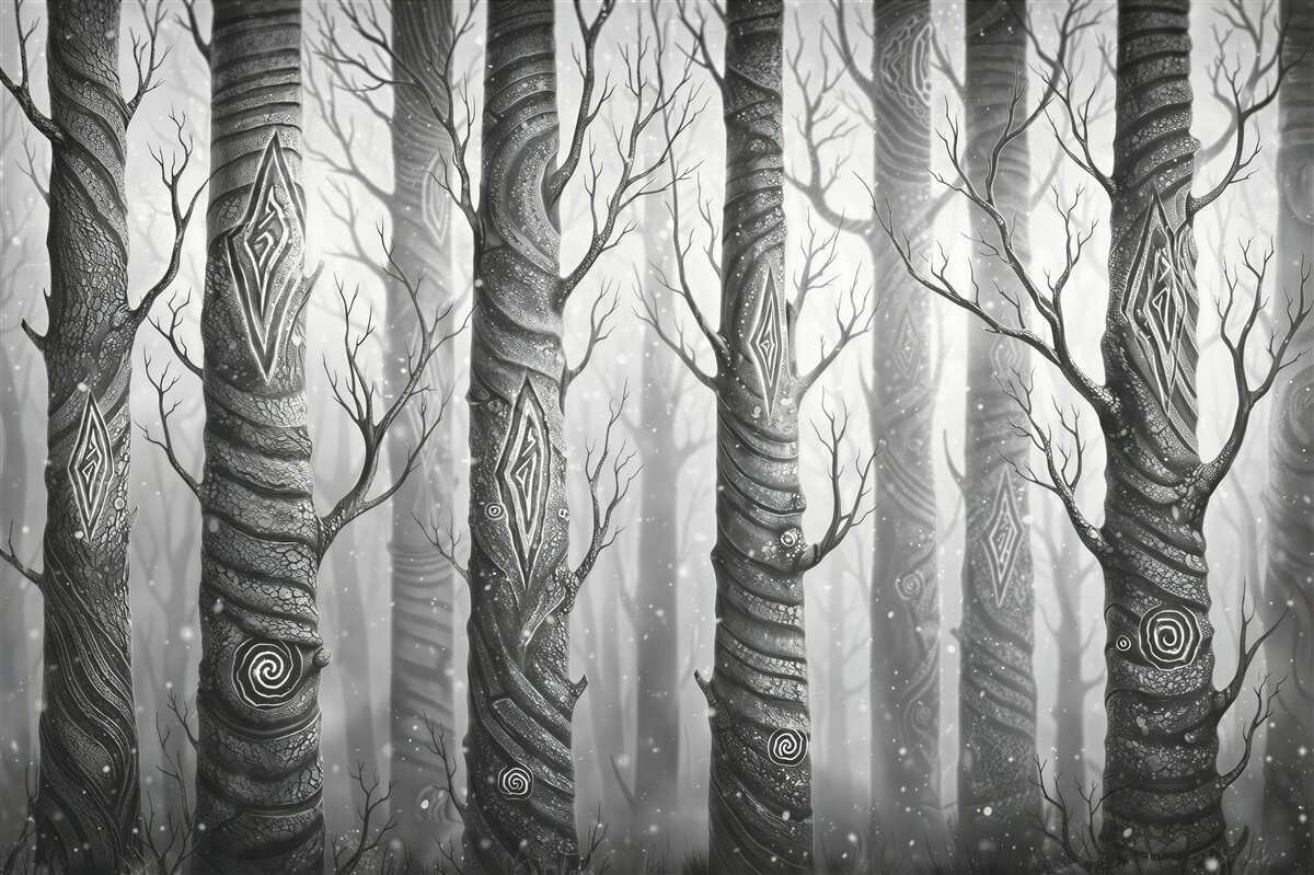 Fototapeta tajemniczy leśny wzór drzew w szarościach