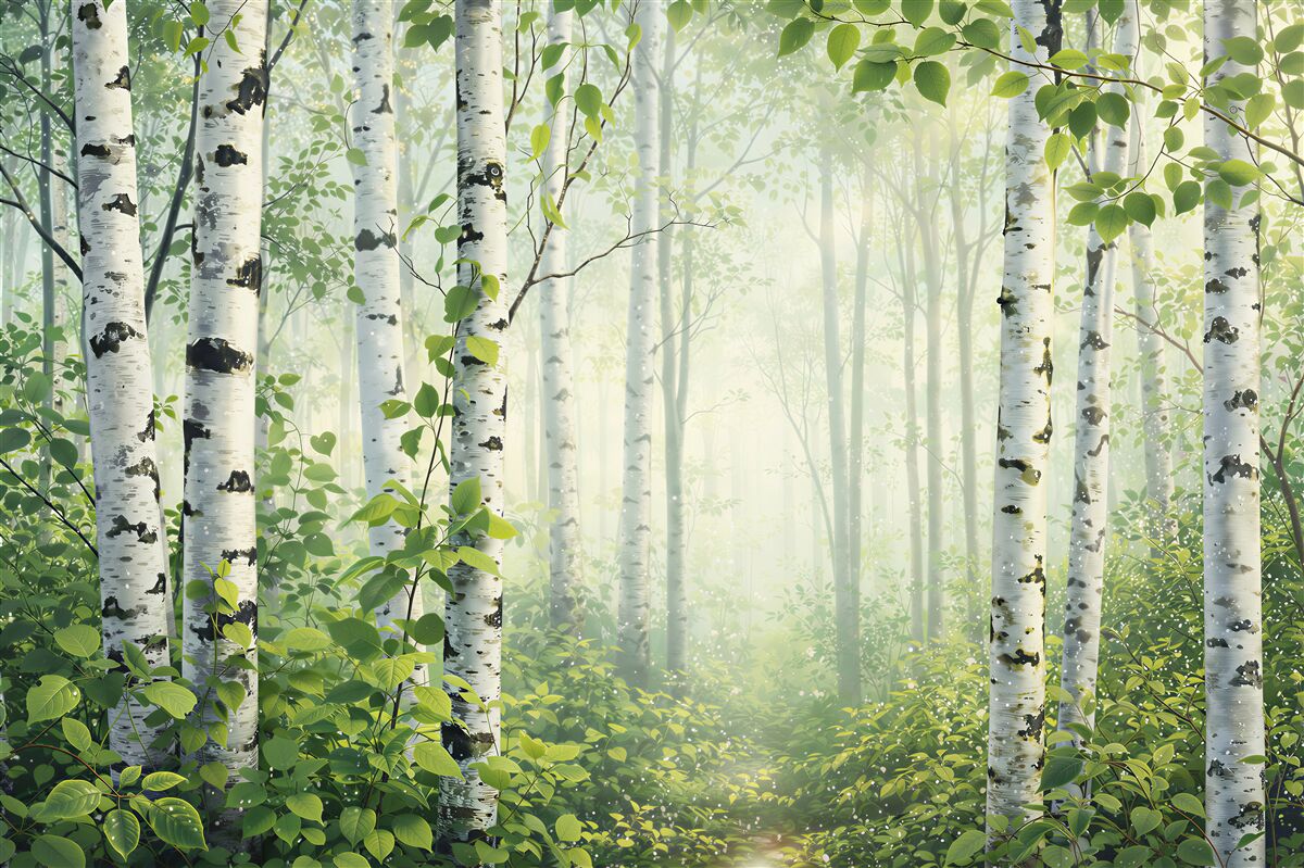 Fototapeta brzozowy las we mgle jasna zielona do sypialni