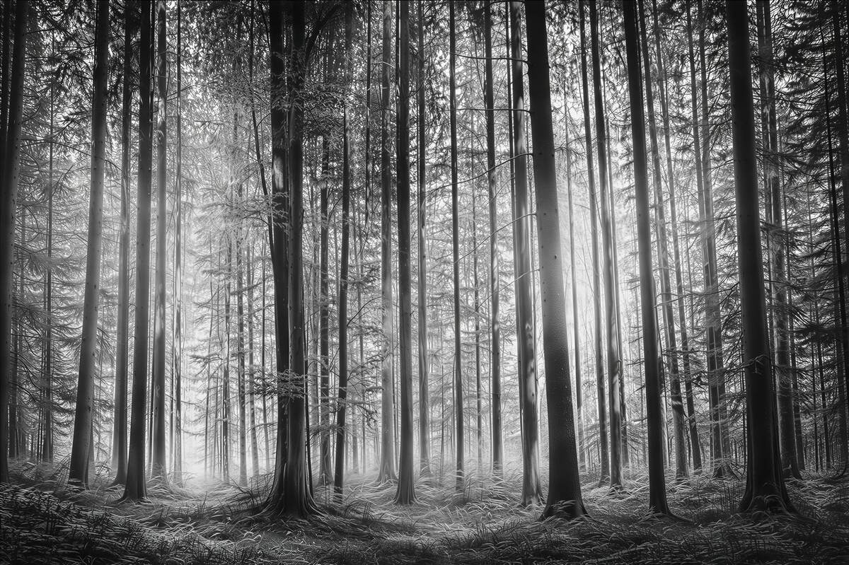 Fototapeta wysoki las we mgle czarno-biały do nowoczesnego wnętrza