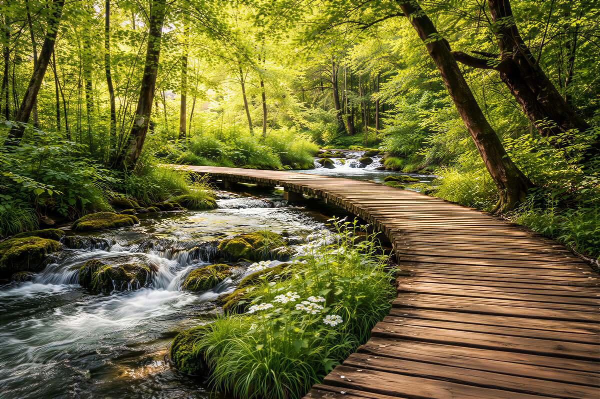 Fototapeta leśny strumień z drewnianą ścieżką zielony naturalny krajobraz