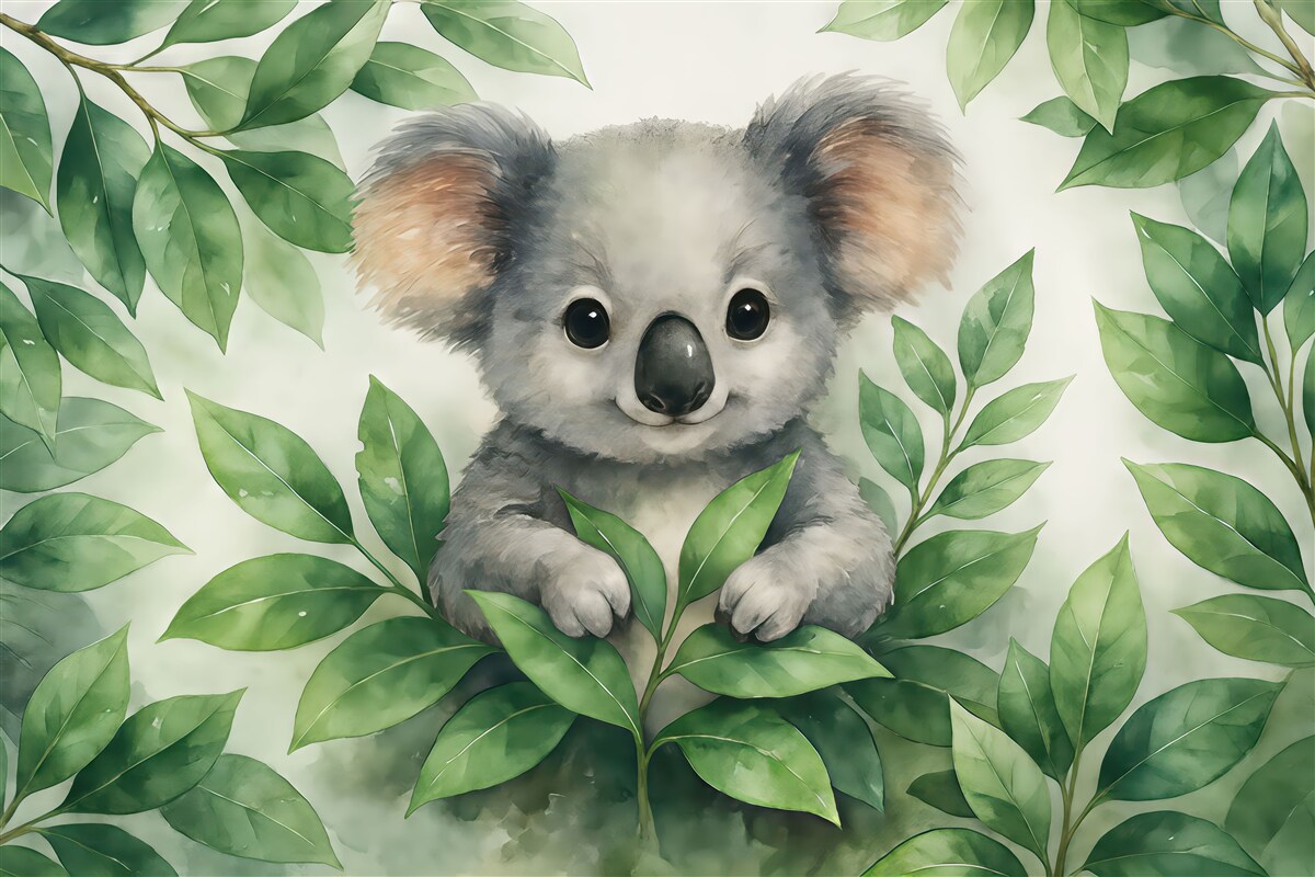 Fototapeta Koala przesiaduje na konarze wśród liści akwarela.
