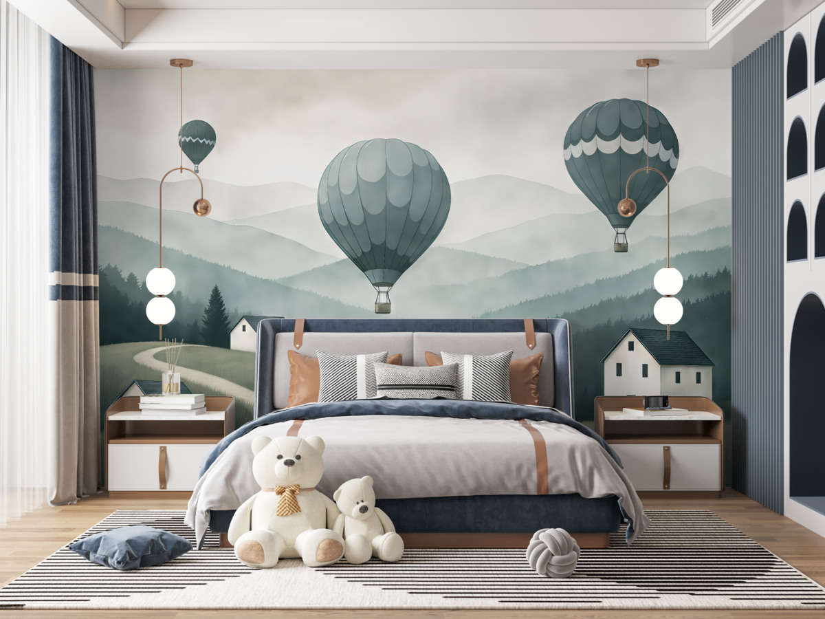 Fototapeta Balony nad pejzażem w tonach niebieskiego.